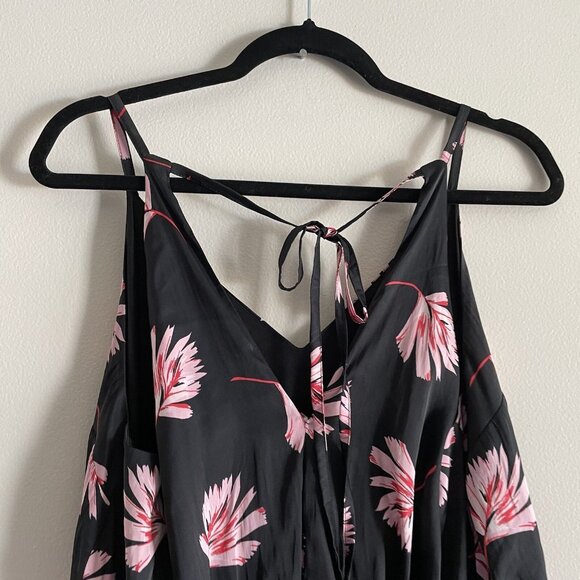 Express Womn L Black Floral Satin Tie Back Spaghetti Straps Faux Wrap Maxi Dress - Picture 10 of 10